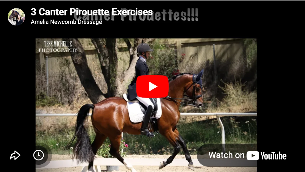 A rider in formal dressage attire practices canter pirouette exercises on a brown horse in an outdoor arena, framed by trees and a fence. A YouTube video player overlay appears on the scene.