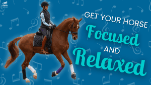 A rider in a helmet and patterned shirt rides a chestnut horse with colored leg wraps. The text reads “Get your horse focused and relaxed with Rhythm Counting” on a blue background with music notes.
