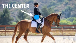 A rider in equestrian attire sits on a brown horse during dressage, with a blue dot and arrow marking the center of the riders seat. The word THE CENTER is written above the arrow. Outdoor arena background.