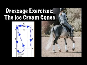 A graphic titled Dressage Exercises: The Ice Cream Cones shows a riding diagram with arrows and a rider on a gray horse learning how to ride ice cream cones in an outdoor arena.