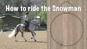 A rider on a gray horse moves in an arena, captured with drone footage, as text reads How to ride the Snowman and a diagram of intersecting circles resembling a snowman shape appears on the right side.