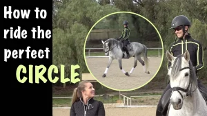 A smiling rider in black and neon green rides a gray horse in an arena. Text on the left reads How to ride the perfect CIRCLE, highlighting dressage basics. An inset shows them riding a perfect circle. Trees and sand arena are in the background.