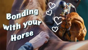 A person’s hand strokes a horse’s back, with a rider hugging a horse in the corner. White heart doodles and “Bonding with your Horse” highlight the special horse relationship captured in this image.
