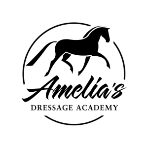 Black and white logo for Amelias Dressage Academy features a horse trotting inside a circular outline—perfect for your sales page template. "Amelias" appears in elegant script, with DRESSAGE ACADEMY in uppercase below.