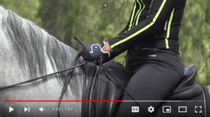 A close-up of a person in black riding gear holding the reins while riding a gray horse, highlighting proper form as seen in Rider Position Masterclass. The rider’s gloved hands and torso are visible, with blurred trees and video player controls below.