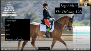 A rider in formal attire sits on a brown horse during dressage. Colored circles highlight key leg positions as part of the Rider Position Masterclass, with text explaining “Leg Aids = The Driving Aids” and labels detailing rider fitness.