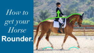 A rider in formal attire rides a chestnut horse in an arena; green arrows illustrate the horse’s rounded frame and movement. Text on a blue background reads, “How to get your Horse Rounder.” Perfect for riders focused on giving back to their horses.