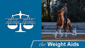 A graphic of a scale asks, “weight on the outside seatbone?” or “weight on the inside seatbone?” Next to it, a rider in equestrian gear rides a horse in an outdoor arena. Text at the bottom reads, “the Weight Aids—Giving back.”.