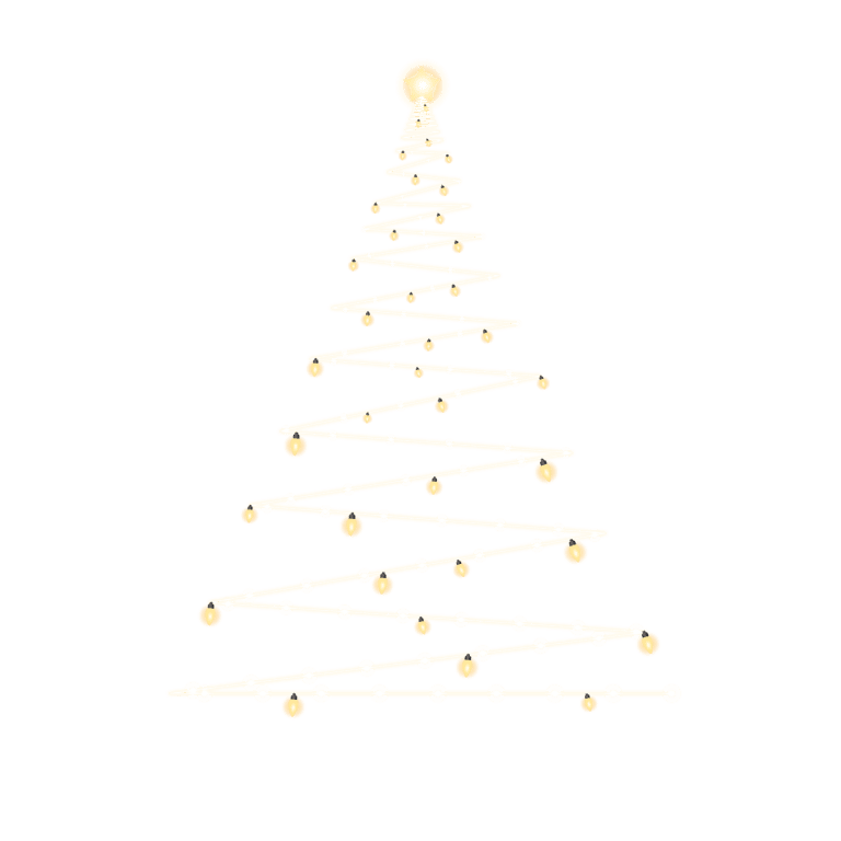 Minimalist Christmas tree made of glowing white lights and gold ornaments, arranged in a triangular shape on a plain background, with a bright star at the top—perfect for celebrating the Holiday Season 2022.