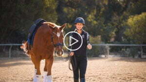 A person in riding gear leads a brown horse with white leg wraps across a sandy arena, smiling at the camera during a Groundwork Masterclass. Trees and sunlight are visible in the background. A play button is centered on the image.