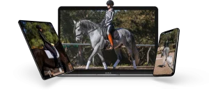 A laptop and two tablets display images of an equestrian rider on a horse, with the central screen highlighting Rider Position 2023 as a person in riding gear sits confidently on a gray horse outdoors.