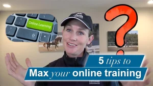A woman in a hat and jacket gestures with raised hands. A keyboard key labeled Ride Online Learning and a large red question mark appear beside her. Text reads: 5 tips to Max your online training.