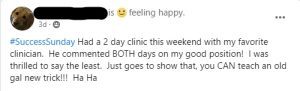 A Facebook post with a profile picture of a dog. The user shares about attending a two-day clinic, where the clinician praised her progress, expressing happiness and using #SuccessSunday—crafted with Elementor for that perfect Loop Item look.