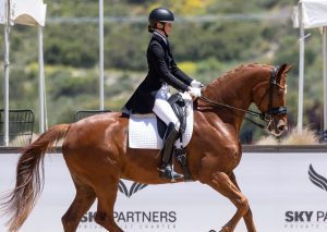 A person in formal equestrian attire rides a chestnut horse in a dressage event outdoors, with a white saddle pad and a branded scale webinar banner in the background.