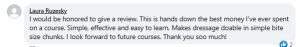 A Facebook comment from Laura Ruzesky says the course is the best money she's ever spent, is simple and effective like a Loop Item in Elementor, makes dressage doable in small steps, and she looks forward to future courses.