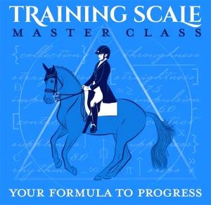 An illustration of a rider in formal attire on a horse with mathematical formulas in the background. The text reads: Training Scale Masterclass—Your Formula to Progress. The image is mainly blue and white.