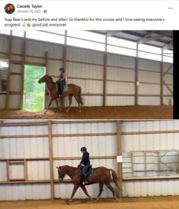Two photos show a person riding a brown horse in an indoor arena. The first Loop Item captures the rider upright, while the second reveals improved form—closer to the horse. Created effortlessly with Elementor.