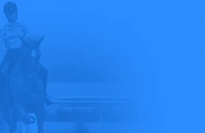 A person wearing a helmet rides a horse. With a strong blue overlay, the scene appears faded and partially obscured—evoking the atmosphere of a Training Scale Masterclass. The right side of the image is mostly solid blue.