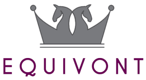 A gray crown with two horse heads facing opposite directions forms the logo above the word EQUIVONT in bold purple capital letters, representing excellence in Dressage Training.