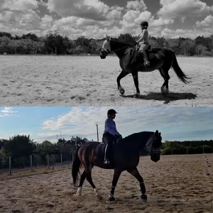 Two photos from the 30 Days Challenge show a person riding a horse in an outdoor sandy arena. The top is black and white, the bottom in color. The rider wears a helmet and boots, with trees and clouds in the background.