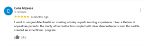 A Google review by Celia Allpress, rating 5 stars, praising Amelia for creating a superb learning experience with clear instruction and demonstrations, especially in equestrian training through the 2023 "30 Days to Round" challenge.
