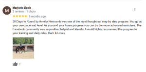A Google review by Marjorie Reeh gives 5 stars and praises the 30 Days to Round program. Below, a small photo shows a person riding a horse in an outdoor arena during the Round 2023 challenge. The review has one like.