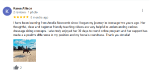 A Google review by Karen Allison praising Amelia Newcomb’s 30 Days to Round dressage teaching, with a photo showing a person riding a horse in an outdoor sandy arena under a blue sky. Two people have liked the image.
