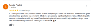 A Google review by Sandra Pouliot, rated 5 stars, praises Amelia’s "30 Days to Round" course for its clarity and helpful materials, stating it improved her riding and communication with her horse. The review has 2 likes.