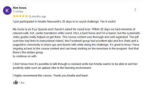 A five-star Google review by Kim Innes describes a positive experience with Amelia Newcomb’s 2023 30 Days to Round challenge, praising the supportive community, clear resources, and Amelia’s enthusiastic teaching style.