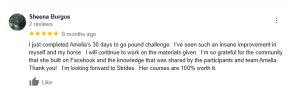 A Google review by Sheena Burgos with a 5-star rating, praising Amelia’s 30 Days Challenge and its impact on both her and her horse for the Round 2023 competition, expressing gratitude and recommending her courses as “100% worth it.”.