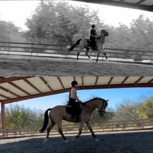 Split image: Top half in black and white shows a person riding a horse in an arena; bottom half in color captures the same pair at Round 2023. The horse and rider, seen in different postures, highlight progress over 30 Days.