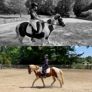 Split image showing two people riding horses in an outdoor arena, highlighting their progress in the Round 2023: 30 Days Challenge. The top half is black and white; the bottom half is in color, reflecting growth over 30 Days to Round.