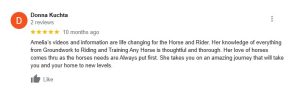 A Google review by Donna Kuchta, rated 5 stars, praises Amelia’s horse training videos for being thorough and thoughtful, especially in teaching groundwork essentials—highlighting her knowledge and love for horses while helping riders reach new levels.