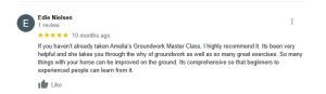 A Google review by Edie Nielsen gives 5 stars and recommends Amelia's Groundwork Master Class, praising its helpfulness, comprehensive content, and the way it covers Groundwork Essentials for all experience levels with horses.