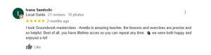 A Google review by Ivana Sambolic praises the Groundwork Essentials masterclass and teacher Amelia, highlighting precise lessons, helpful exercises, and lifetime access. Ivana mentions happiness and enjoyment, rating 5 stars.