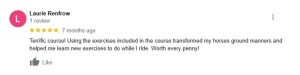 A five-star review by Laurie Renfrow praising the Groundwork Essentials course for improving her horse's ground manners and providing new riding exercises. She says it was worth every penny. The review was posted 7 months ago.