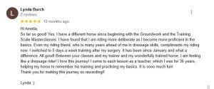 A Google review by Lynda Burch, 5 stars, praising riding classes for improving her skills and confidence, mentioning Groundwork Essentials and feeling like a dressage rider, and thanking the instructor for the rewarding journey.