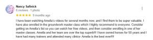 Google review by Nancy Safinick giving 5 stars. She praises Amelia’s Groundwork Essentials videos and master classes, recommends signing up, and calls Amelia and her team “over the top superb,” noting her 50 years of experience with horses.