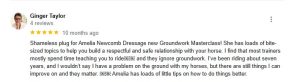 Google review by Ginger Taylor recommending Amelia Newcomb Dressage’s Groundwork Masterclass, highlighting helpful Groundwork Essentials for building a respectful relationship with horses and improving groundwork skills.