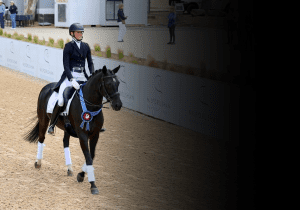 A rider in formal equestrian attire and helmet guides a dark horse decorated with a blue and red ribbon at an outdoor event, demonstrating goal setting amid spectators and banners in the background.