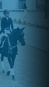 A rider in formal equestrian attire sits on a dark horse with a blue ribbon at an outdoor event, Nilforushan Equisport Events signs behind them. Save your Seat for our Free Webinar and take the reins on your goals today!.