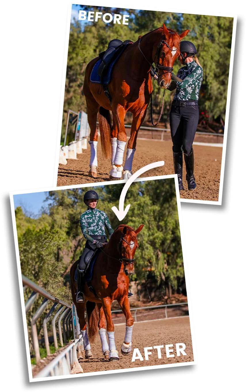 Before image of Amelia Newcomb executing shoulder in from the ground, after image of Amelia executing a shoulder in on her horse.