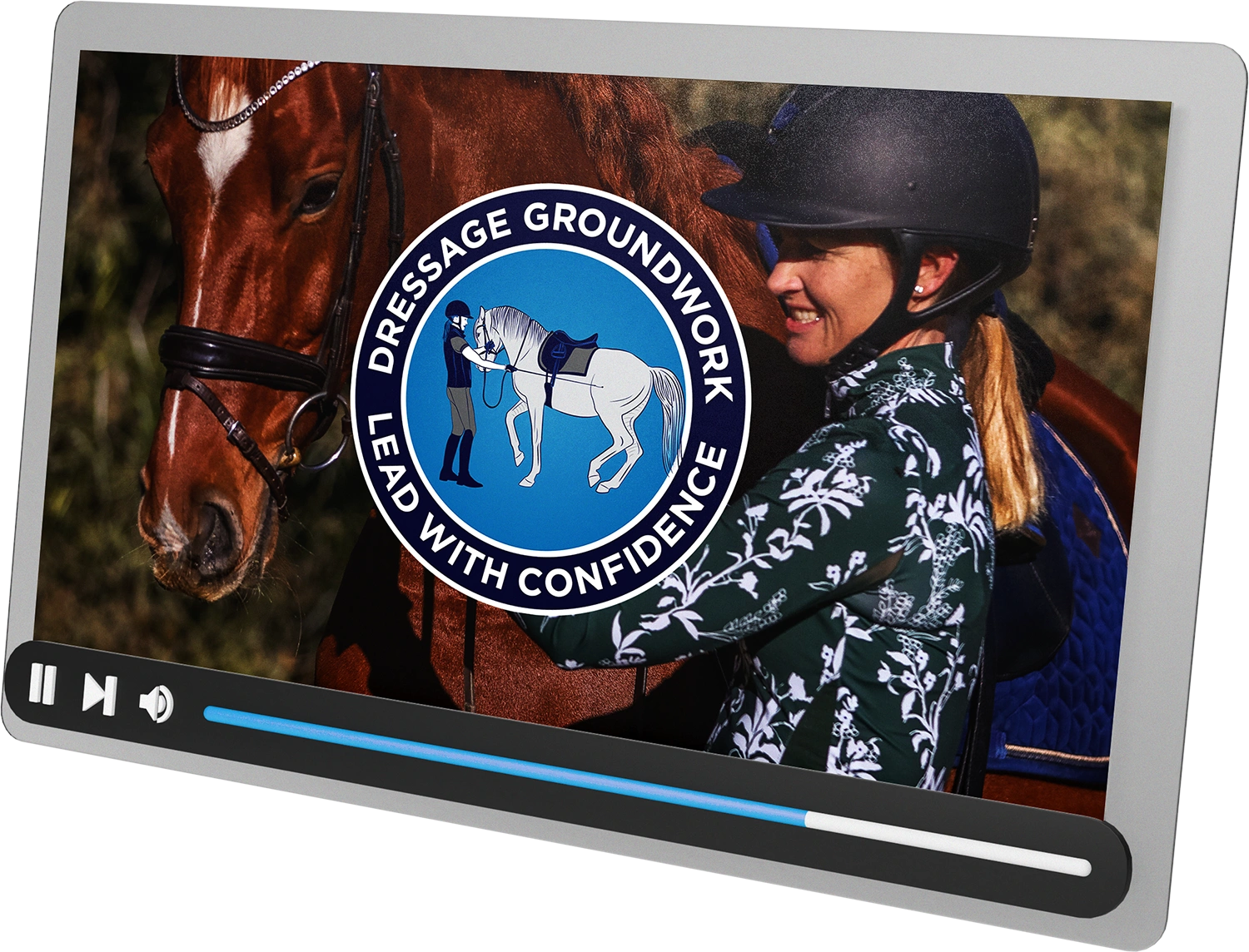 Mockup of ipad screen displaying Amelia Newcomb's Dressage Groundwork Course.