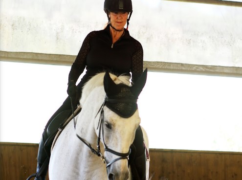 Online student Carol riding her horse.