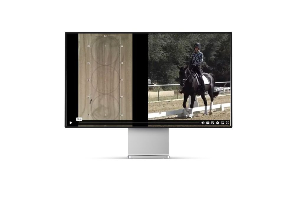 Computer displaying a mockup of a course page, with a split screen showing an aerial view of a dressage arena on the left and Amelia Newcomb riding a dressage horse on the right.