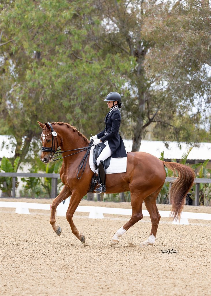 Amelia in her tailcoat, riding Kensington and executing a perfectly balanced canter pirouette.