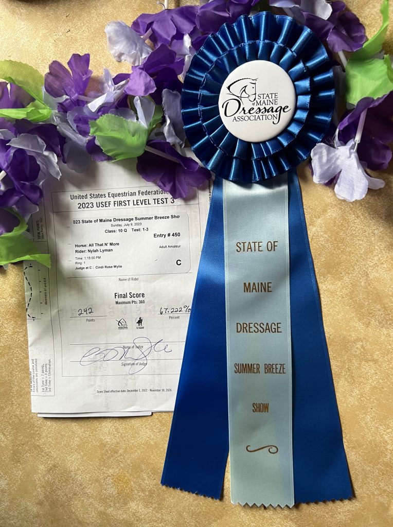 Online student Nylah's 2023 first level test 3 test results and rosette.