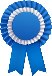 A blue ribbon with white accents and two long tails, often used as an award for first place or special recognition in Training Level events or Blue Ribbon Course achievements.