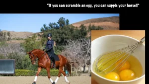 Amelia Newcomb riding a balanced trot and inset image of a bowl of eggs