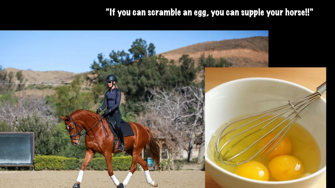 Amelia Newcomb riding a balanced trot and inset image of a bowl of eggs